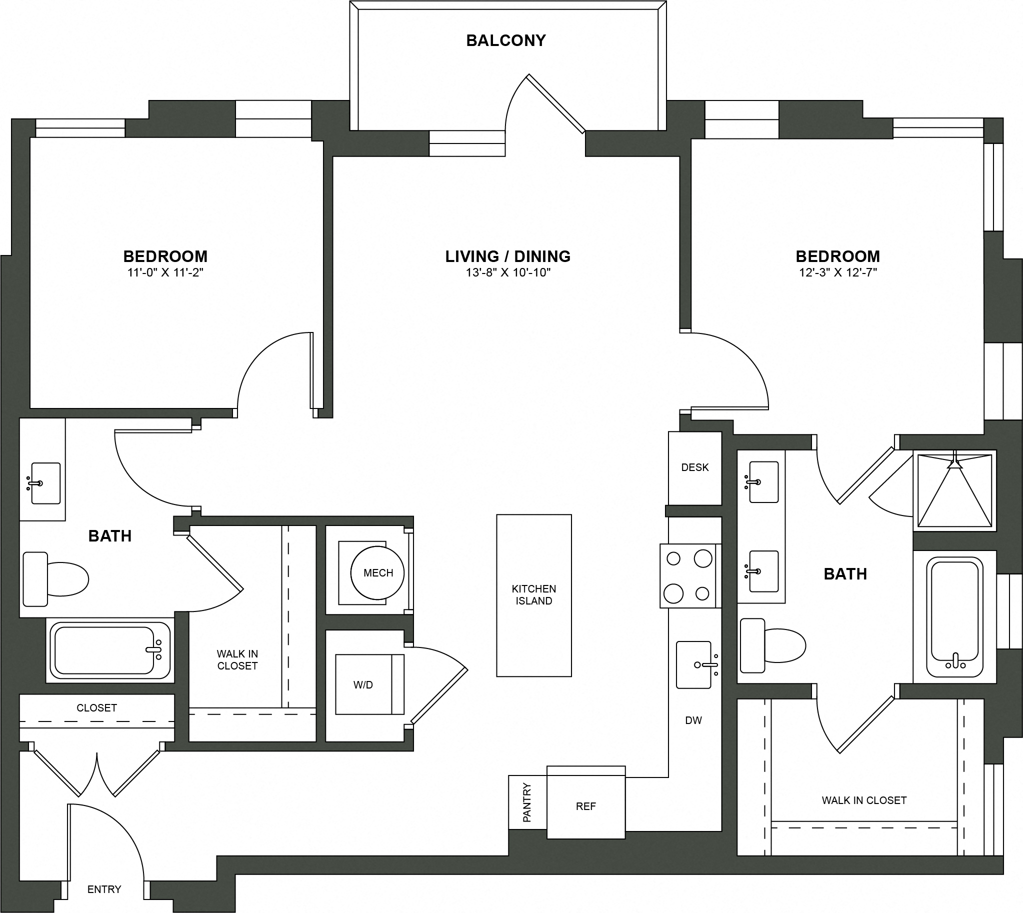 Floor plan for 2 beds, 2 baths, 1133 sqft